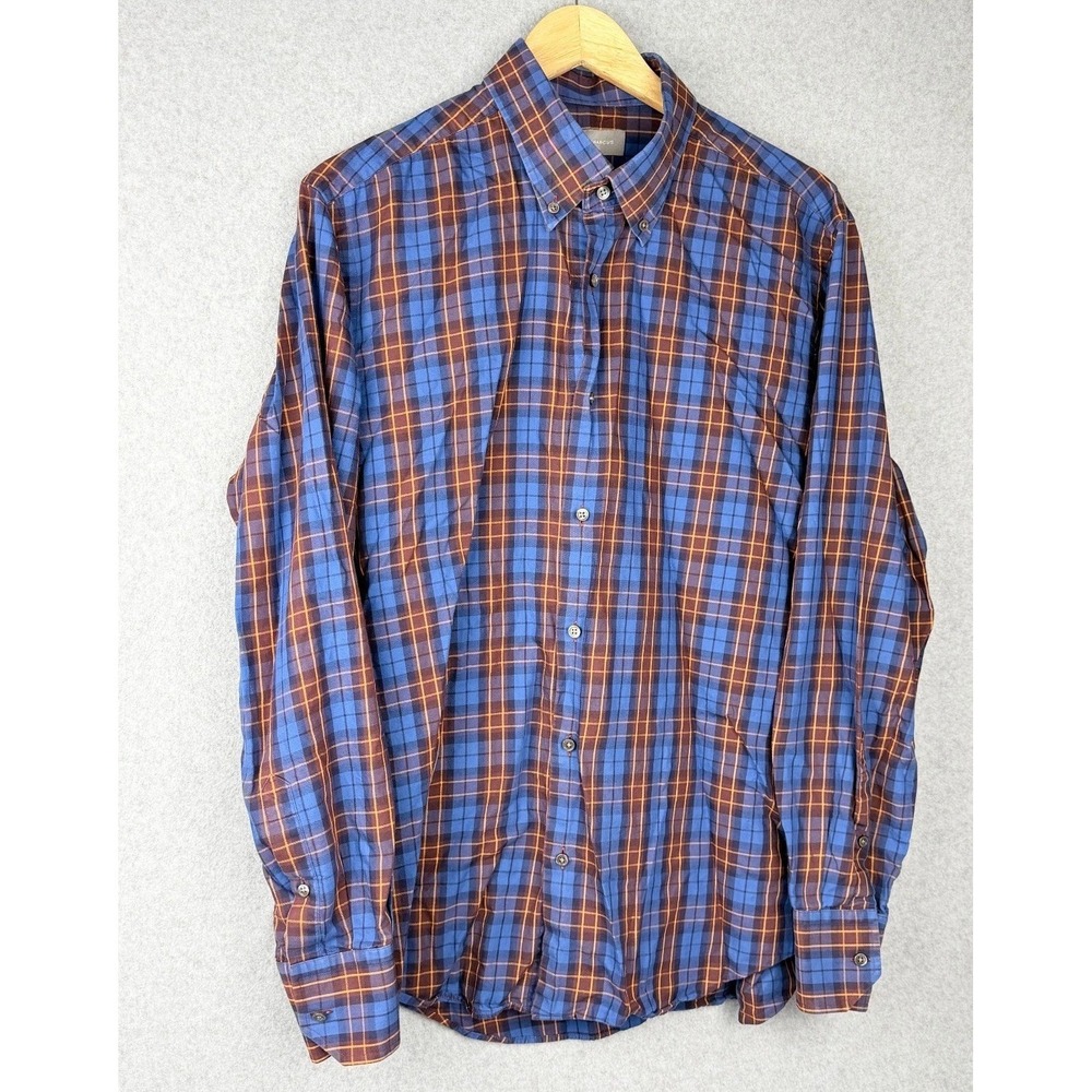 Neiman Marcus Mens Plaid Button Up Shirt Large Blue Brown Cotton